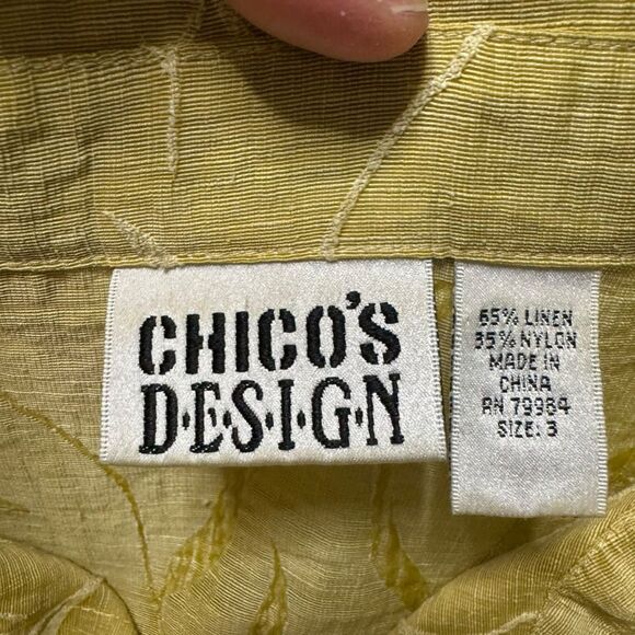 Chico's Design Yellow Gold Embroidered Linen Blend Button Up Blouse Shacket Sz 3 - Picture 5 of 9